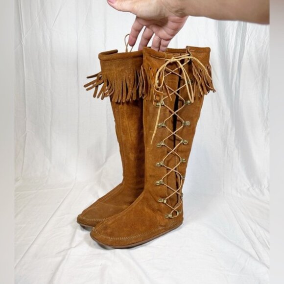 Vintage Tall Rust Brown Suede Fringe Knee High Hippie Moccasin Boots~8~ - Picture 1 of 5